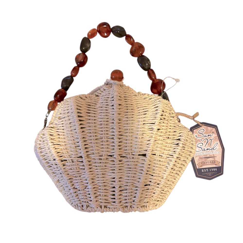 Sun N Sand Cream and Brown Shell Shoulder Bag with Beaded Handle NWT